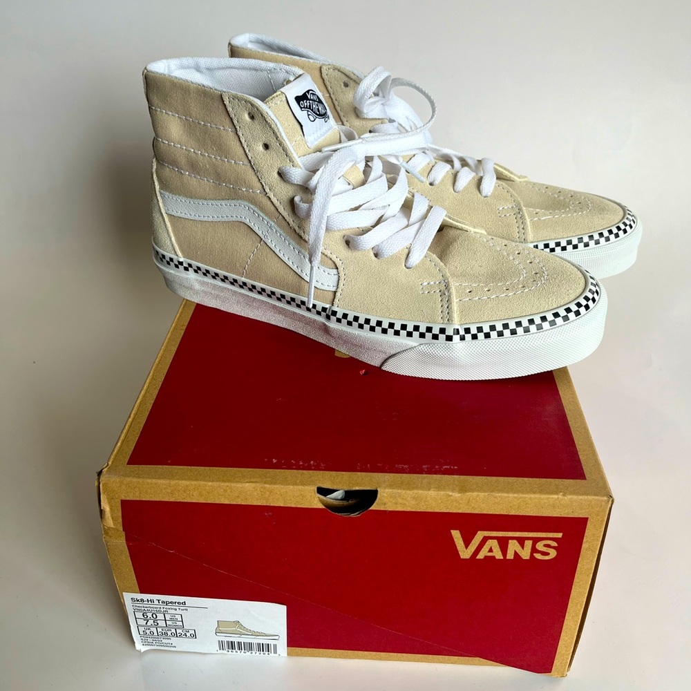 Vans Women's 7.5 Sk8 Hi Tapered Checkerboard Foxing Highโ Top Sneakers Tan NEW